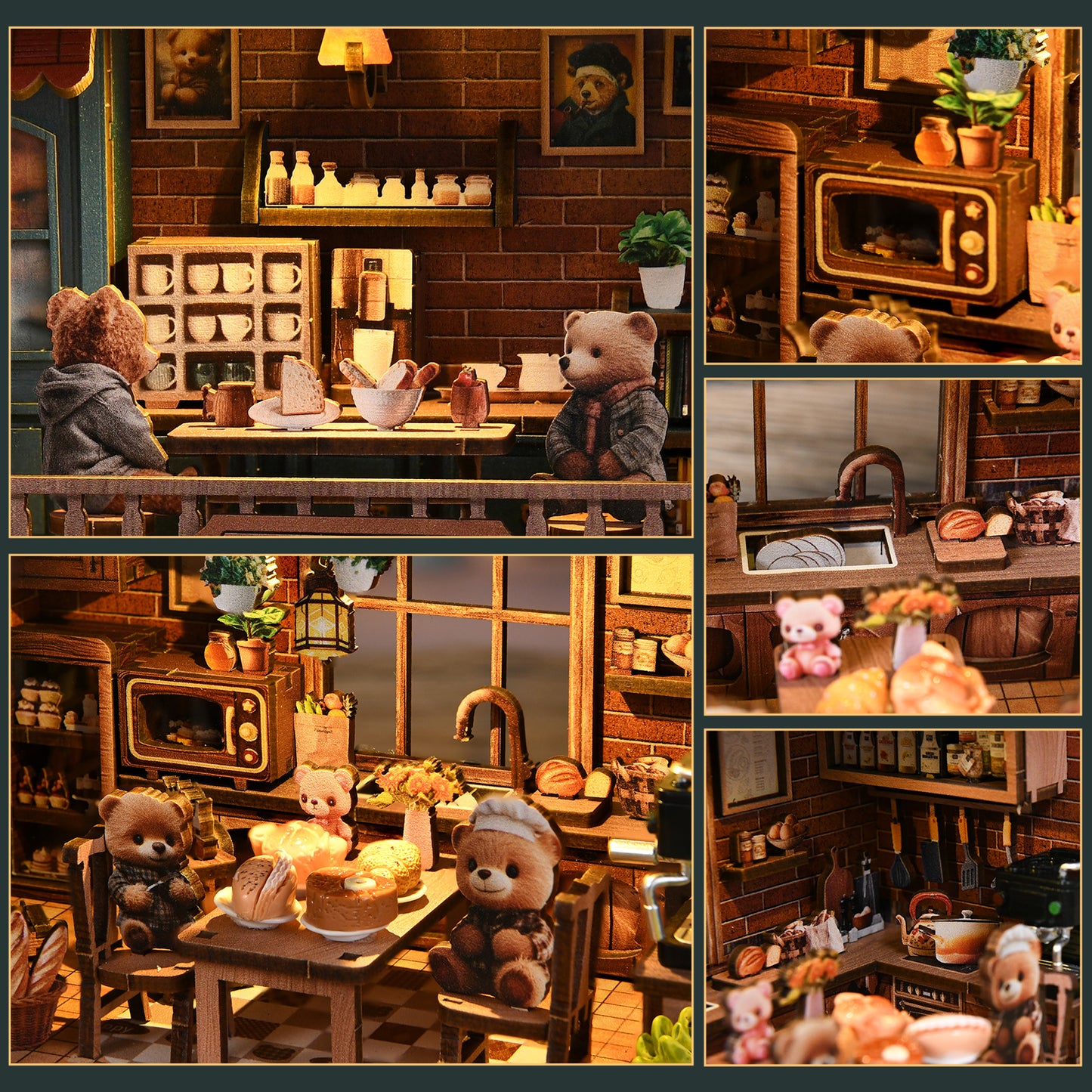 A collage of six images depicting a cozy, charming kitchen scene with various elements such as teddy bears, potted plants, and kitchen appliances.