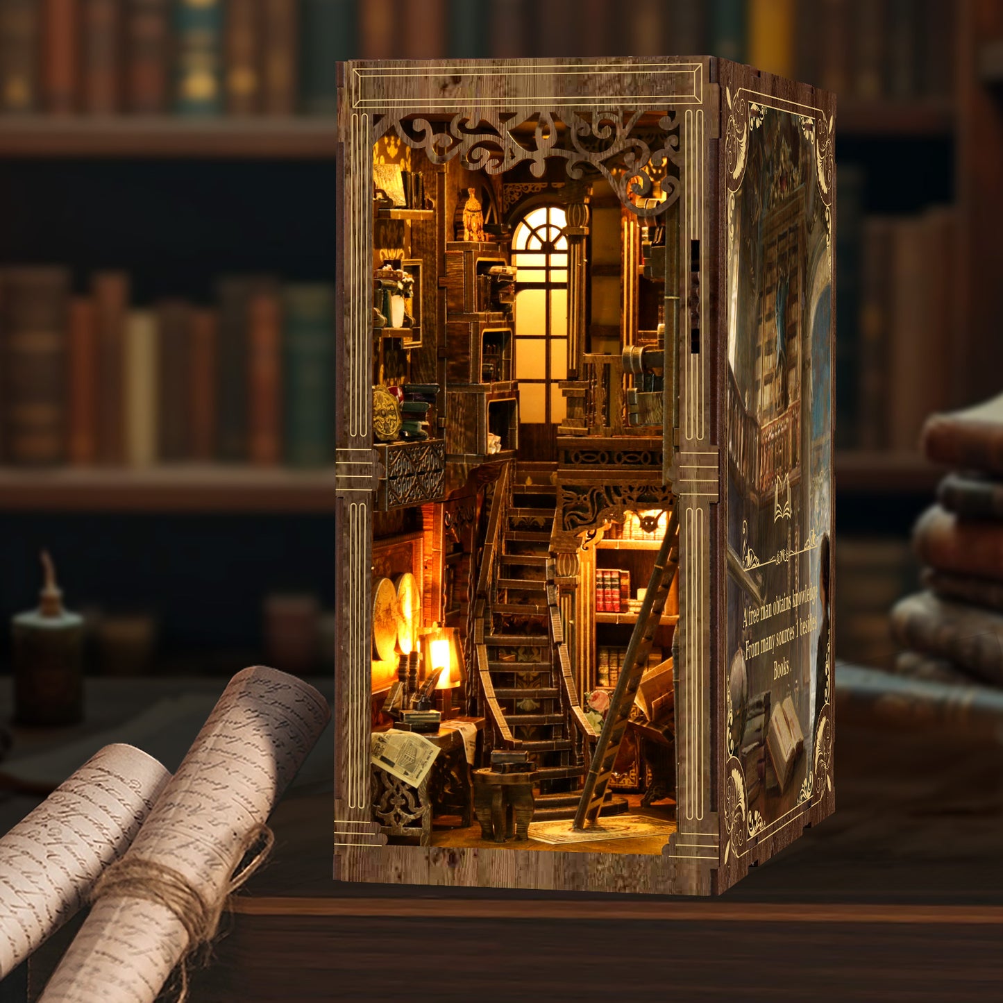 A miniature wooden dollhouse with a detailed interior, featuring a staircase, bookshelves, and a cozy atmosphere, is displayed in a wooden box.