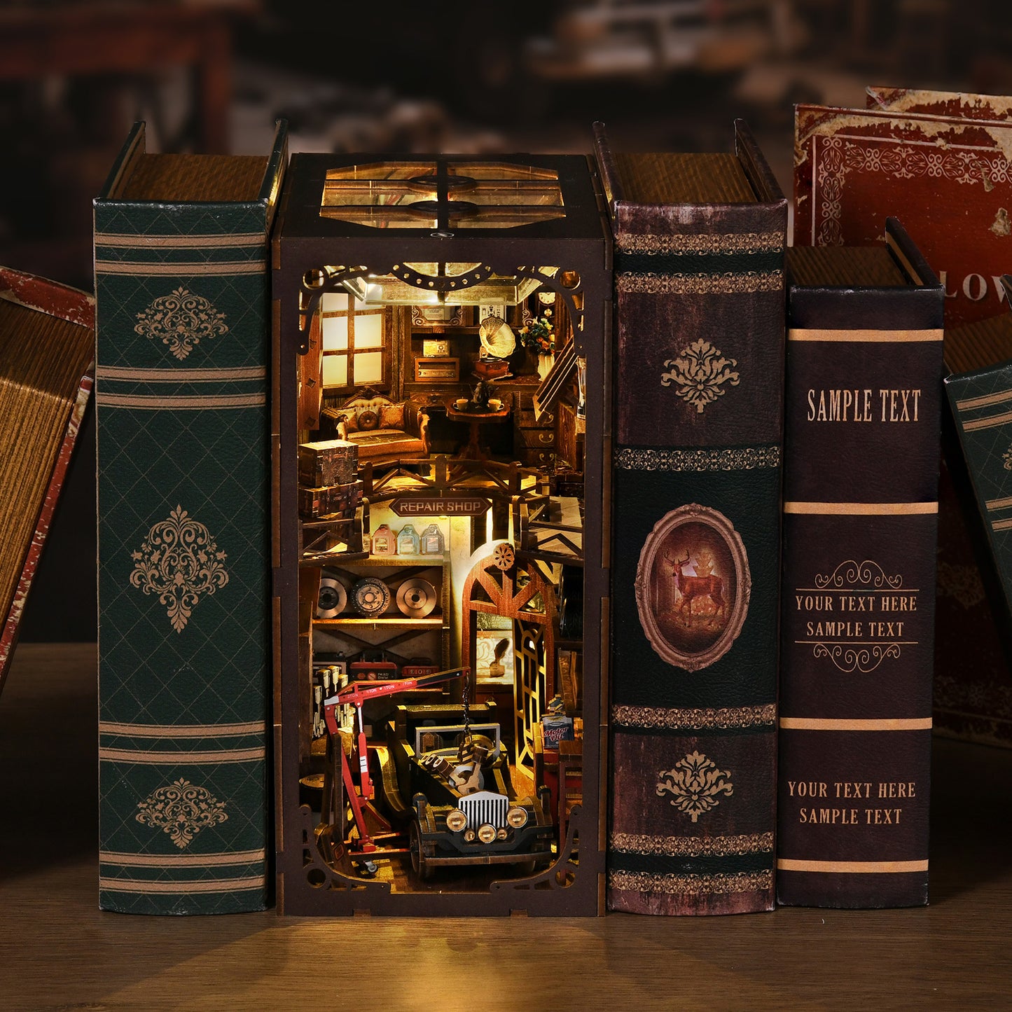 A miniature model of a library or bookcase, with various books and decorative elements, such as a clock and a small car, inside a wooden frame.