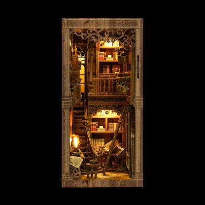 A miniature wooden library with shelves filled with books, illuminated by warm lighting, creating a cozy and inviting atmosphere.