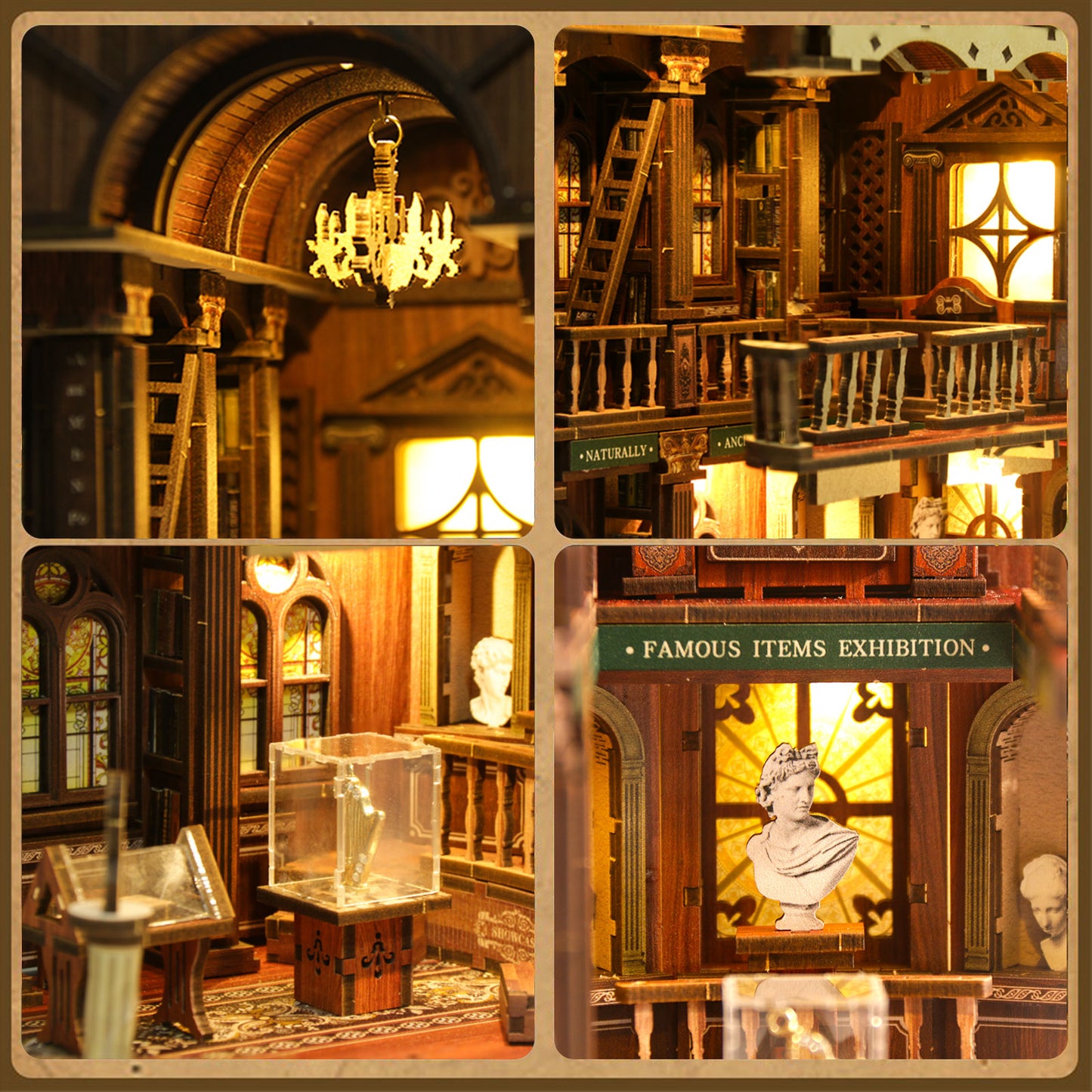 The image is a collage of four different scenes, each depicting a unique aspect of a room or setting. The first scene shows a large wooden structure with a chandelier hanging from the ceiling. The second scene depicts a room with a large window and a wooden bookshelf. The third scene features a statue of a person in a bust, and the fourth scene shows a room with a large window and a wooden bookshelf.