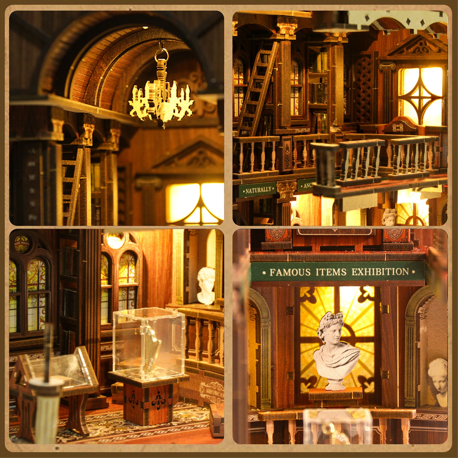 The image is a collage of four different scenes, each depicting a unique aspect of a room or setting. The first scene shows a large wooden structure with a chandelier hanging from the ceiling. The second scene depicts a room with a large window and a wooden bookshelf. The third scene features a statue of a person in a bust, and the fourth scene shows a room with a large window and a wooden bookshelf.