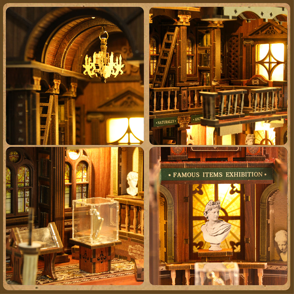 DIY book nook kit interior close-ups: archway, shelves, and miniature exhibit scene