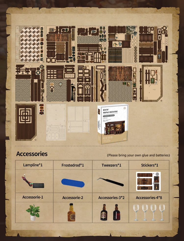DIY miniature tavern parts layout sheet with numbered accessories and tools.