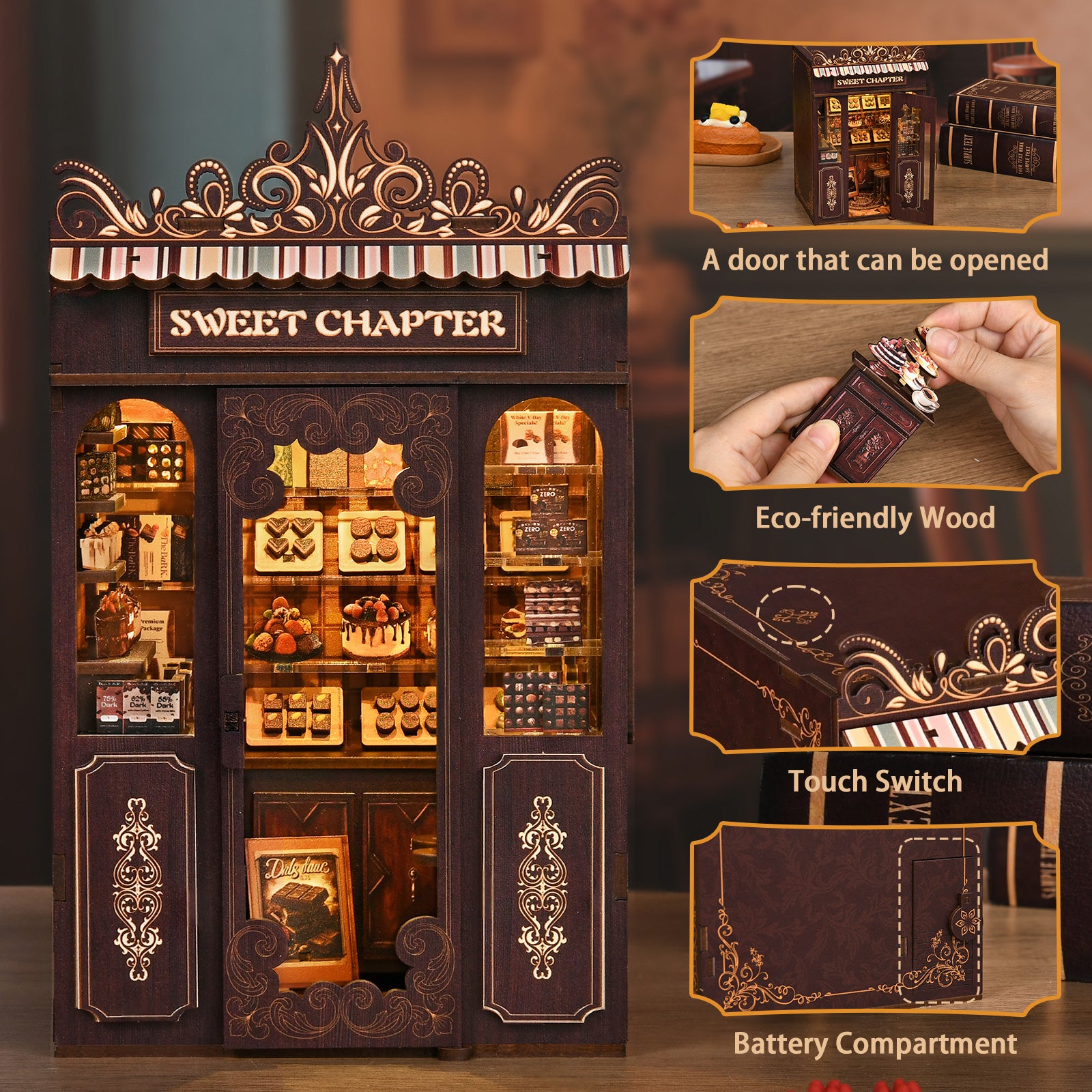 The image is a detailed model of a miniature candy shop, featuring a door that can be opened, eco-friendly wood, a touch switch, and a battery compartment.