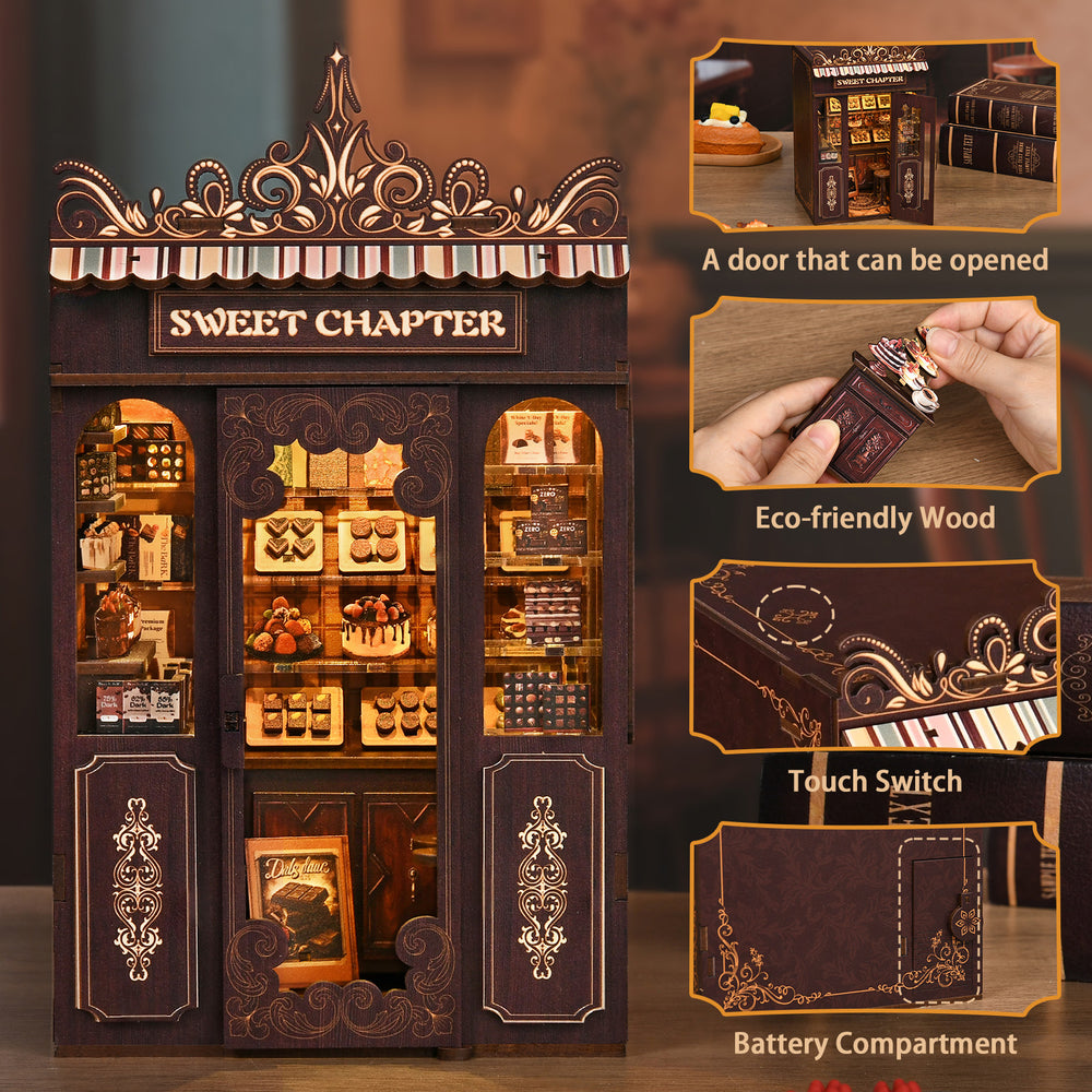 Mini shop dollhouse kit front with instruction callouts for door opening and battery compartment