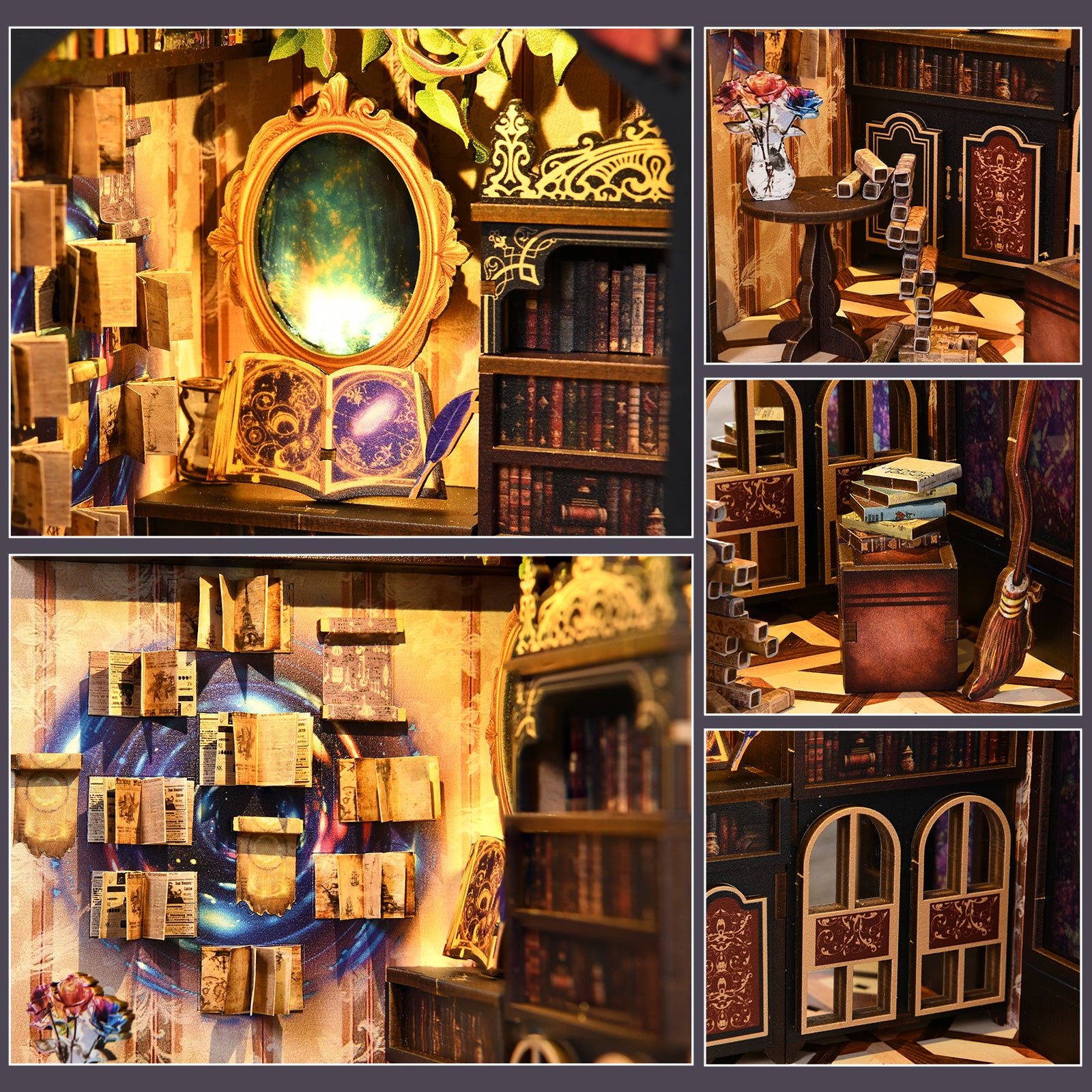 DIY miniature book nook kit interior details collage of shelves, books, and room items