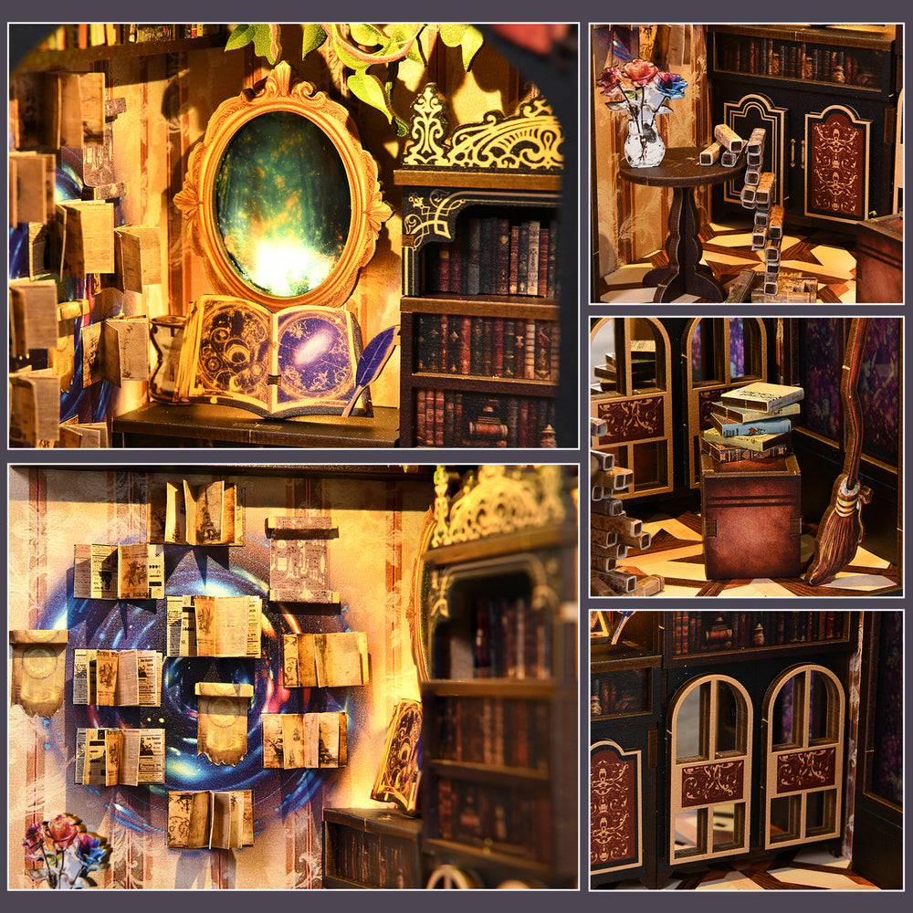 DIY miniature book nook kit interior details collage of shelves, books, and room items