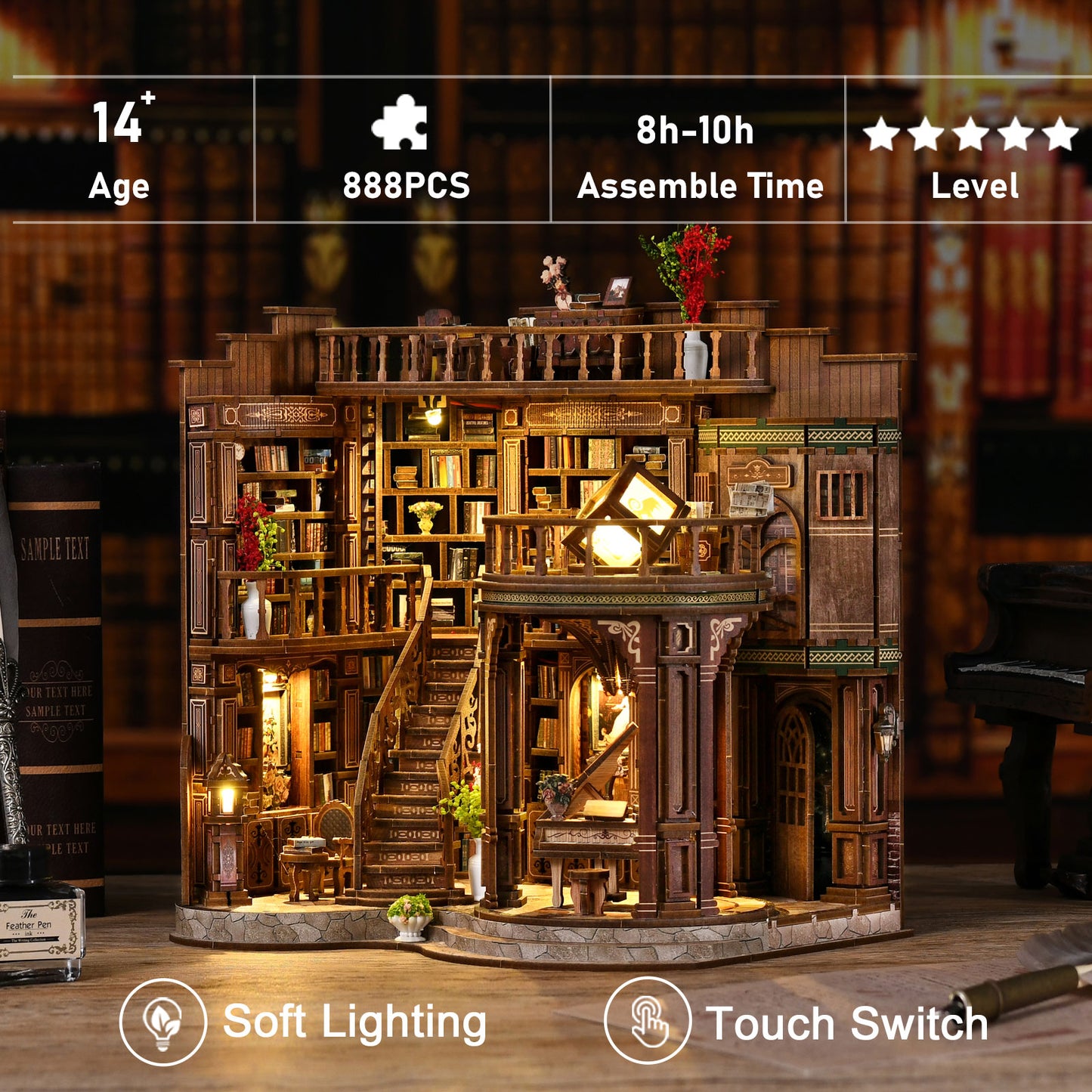 A detailed miniature wooden dollhouse with various furniture and accessories, including a bookshelf, a piano, and a vase, all illuminated by soft lighting.