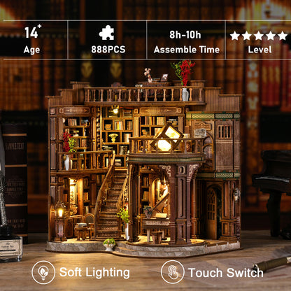 A detailed miniature wooden dollhouse with various furniture and accessories, including a bookshelf, a piano, and a vase, all illuminated by soft lighting.