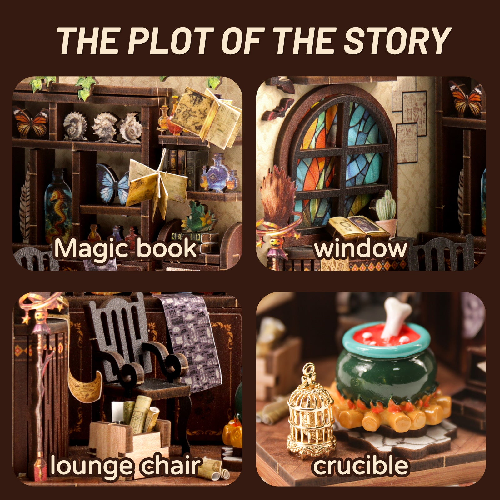 The image is a collage of four different scenes, each depicting a different aspect of a story. The first scene shows a bookshelf filled with various items, the second scene features a window with a stained glass panel, the third scene displays a lounge chair, and the fourth scene shows a crucible with a red object inside.