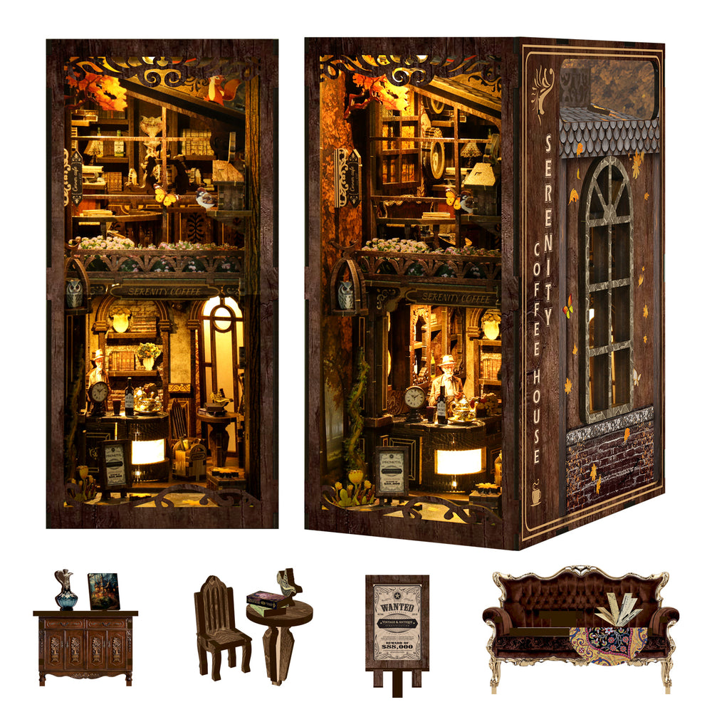 DIY miniature book nook kit box with coffee house scene and small furniture pieces