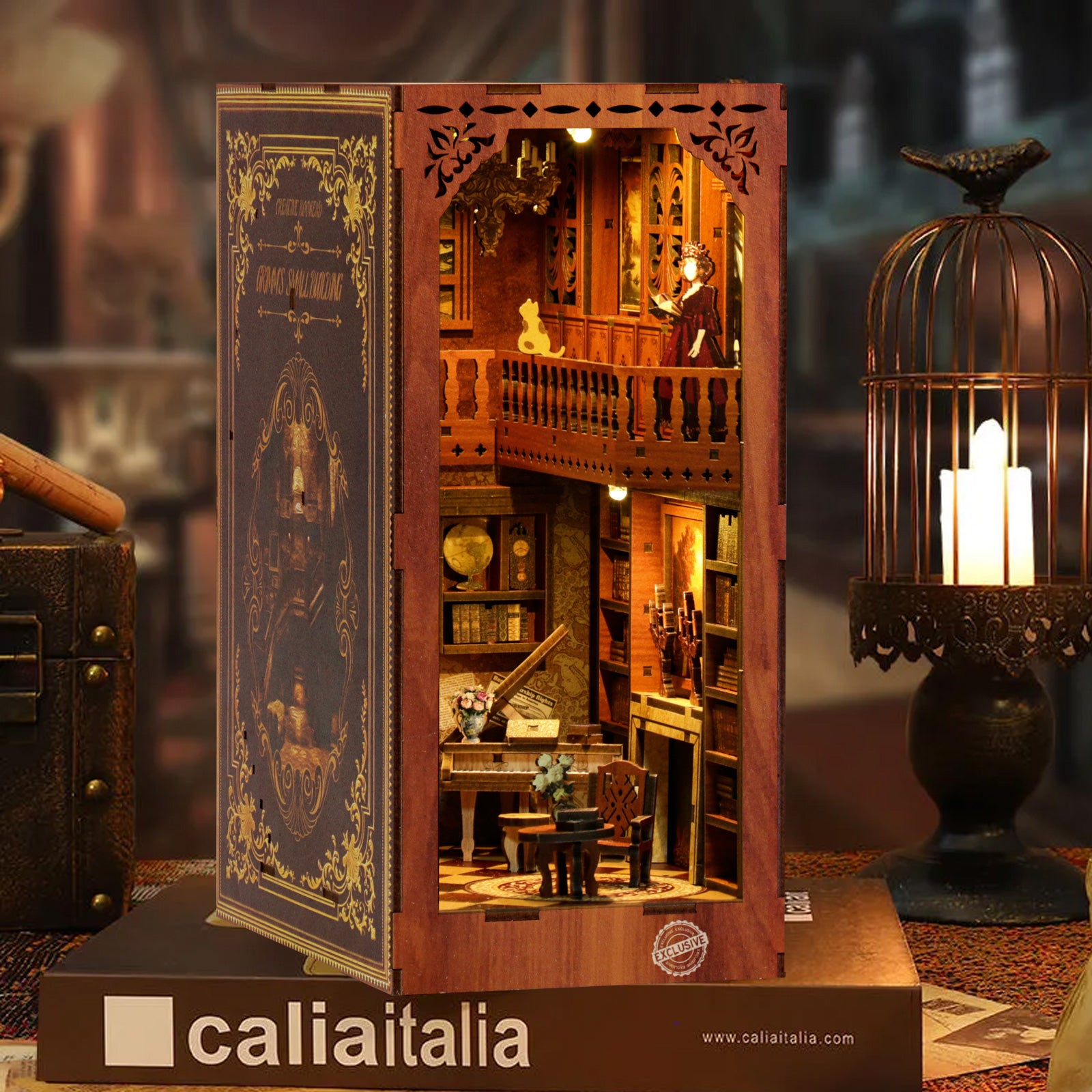 A miniature wooden dollhouse with a detailed interior, including a balcony, bookshelves, and a lamp, displayed on a wooden stand.