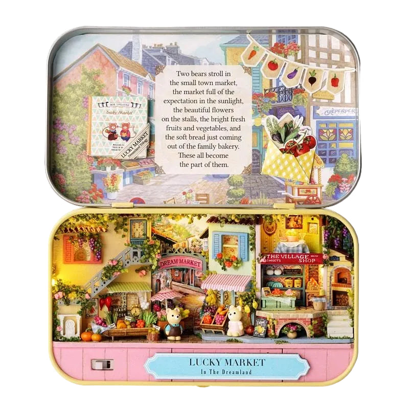 Miniature Lucky Market tiny shop display with open front, colorful stalls and figurines inside.