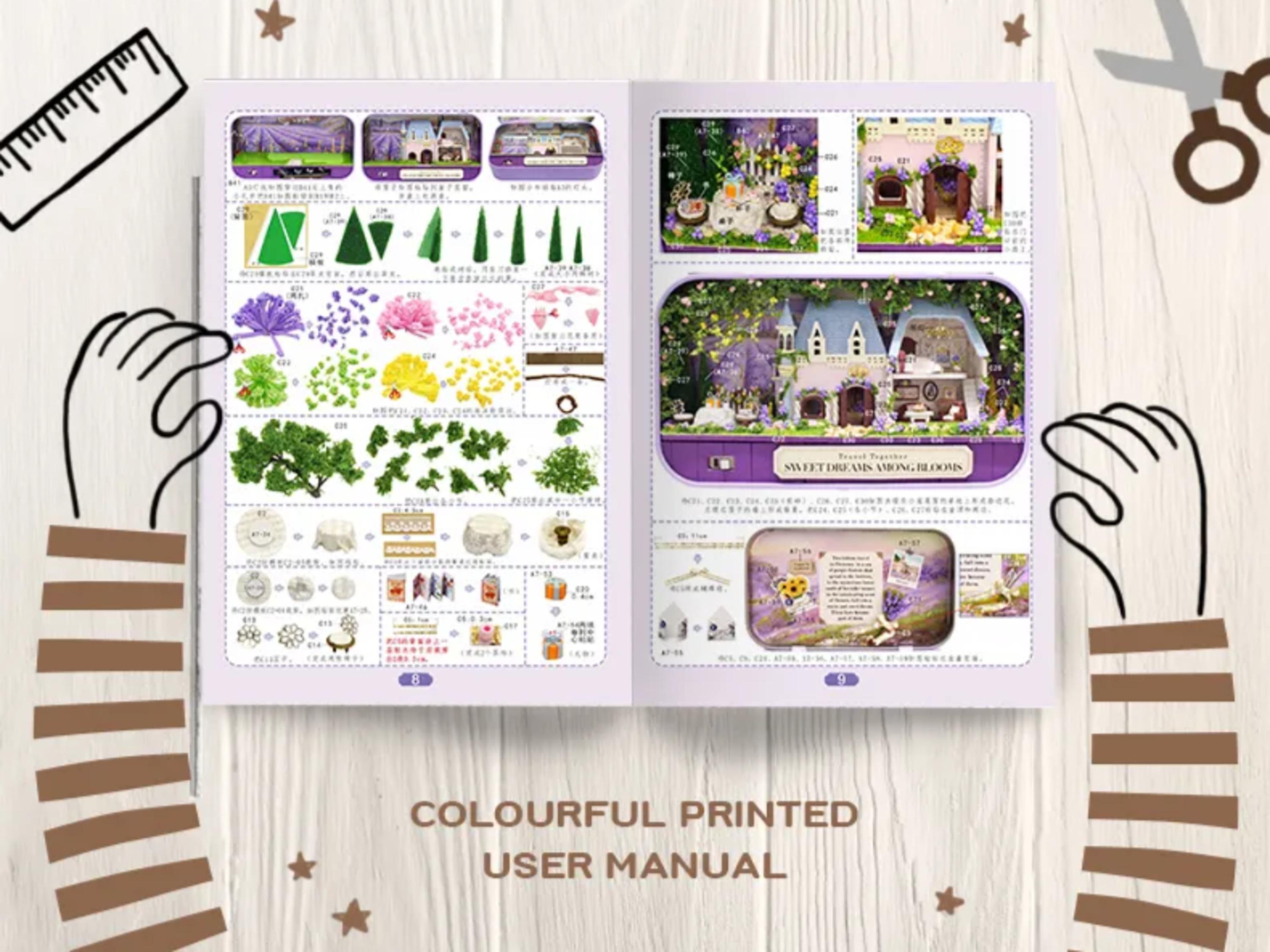Colourful printed user manual pages showing garden box theater steps and stickers