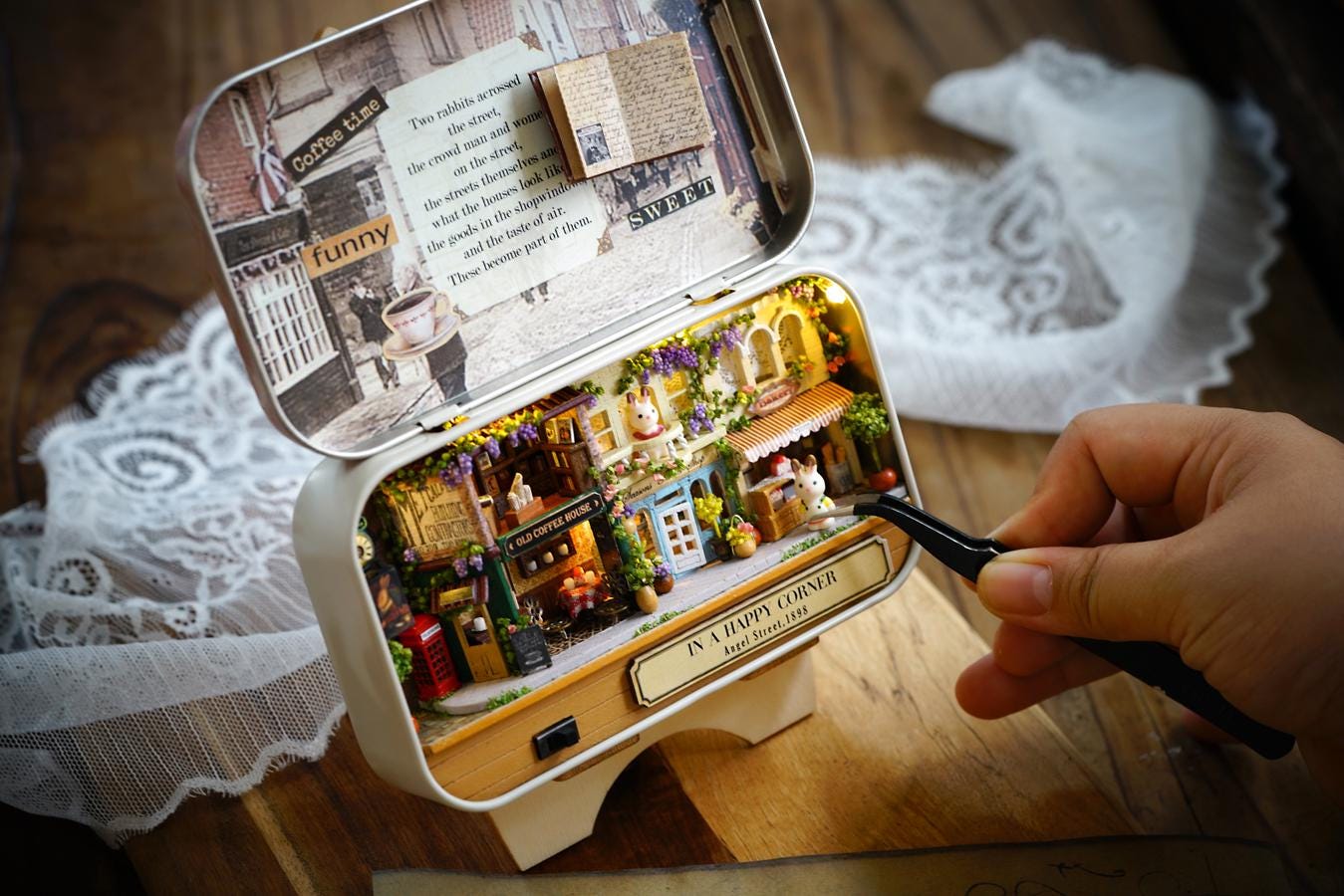 DIY Miniatures Craft Kit: In a Happy Corner - Cozy Street Corner Box Theater Diorama (Craft Gift)