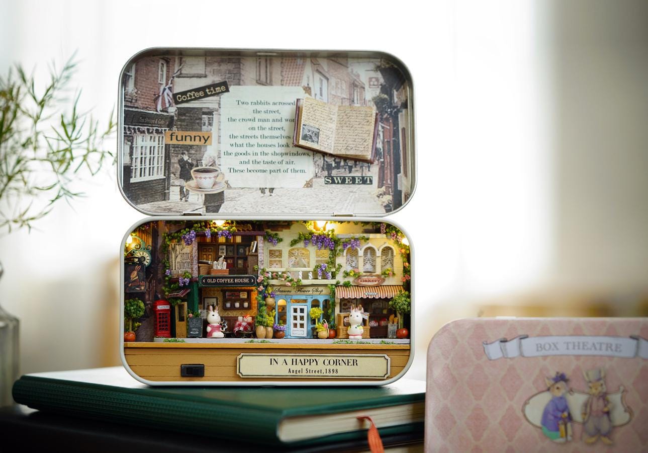 DIY Miniatures Craft Kit: In a Happy Corner - Cozy Street Corner Box Theater Diorama (Craft Gift)