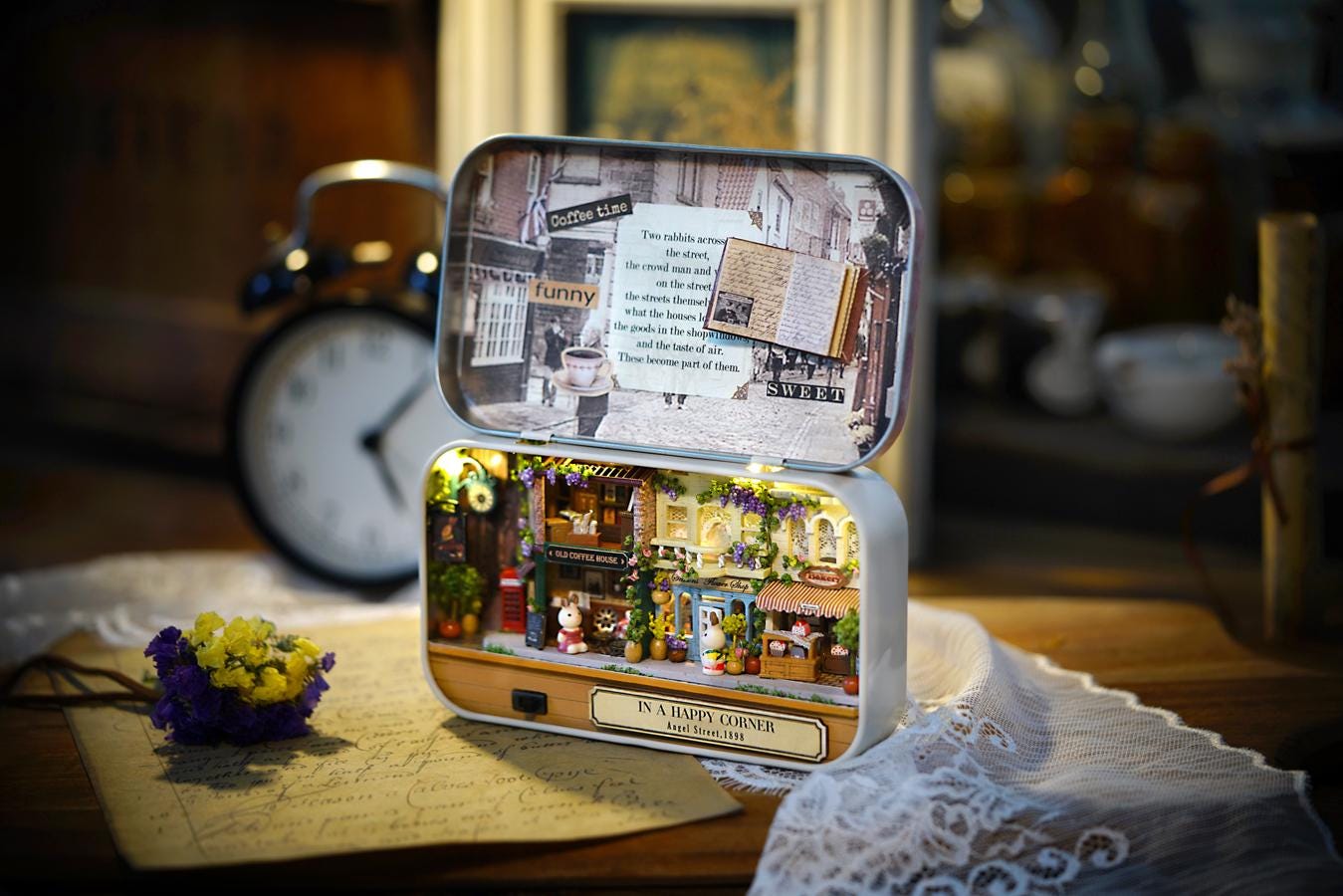 DIY Miniatures Craft Kit: In a Happy Corner - Cozy Street Corner Box Theater Diorama (Craft Gift)