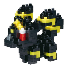 A black and yellow LEGO Eevee figurine made up of numerous small bricks.
