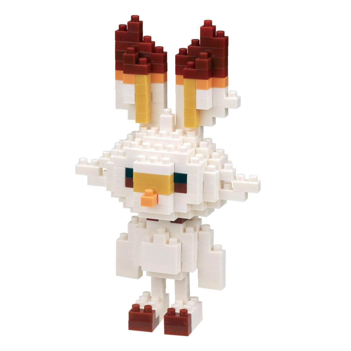 A pixelated toy rabbit made of small white and red blocks.