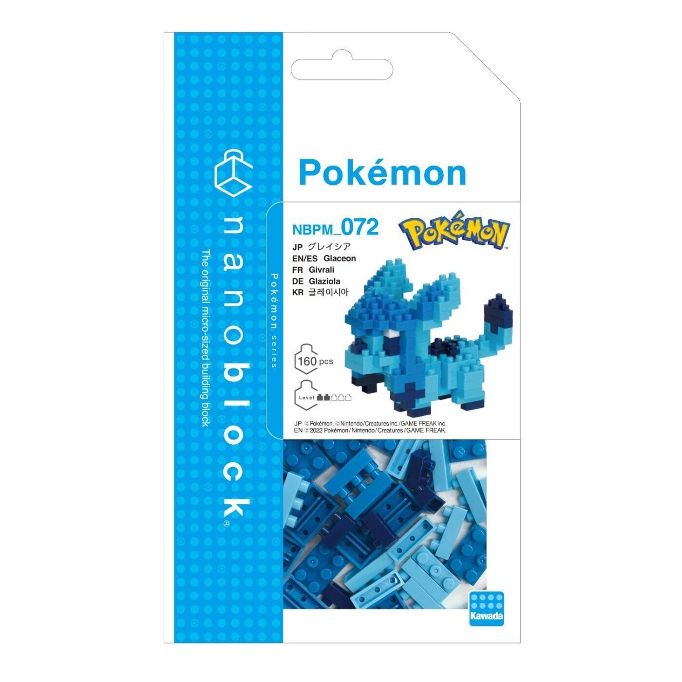 The image is a packaging for a Pokemon-themed microblock set, specifically the Pokemon piece called "Pokem". The packaging features a blue and white color scheme with the Pokemon logo prominently displayed.
