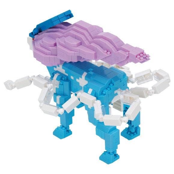 A colorful and intricate toy made of various building blocks in shades of blue and white.