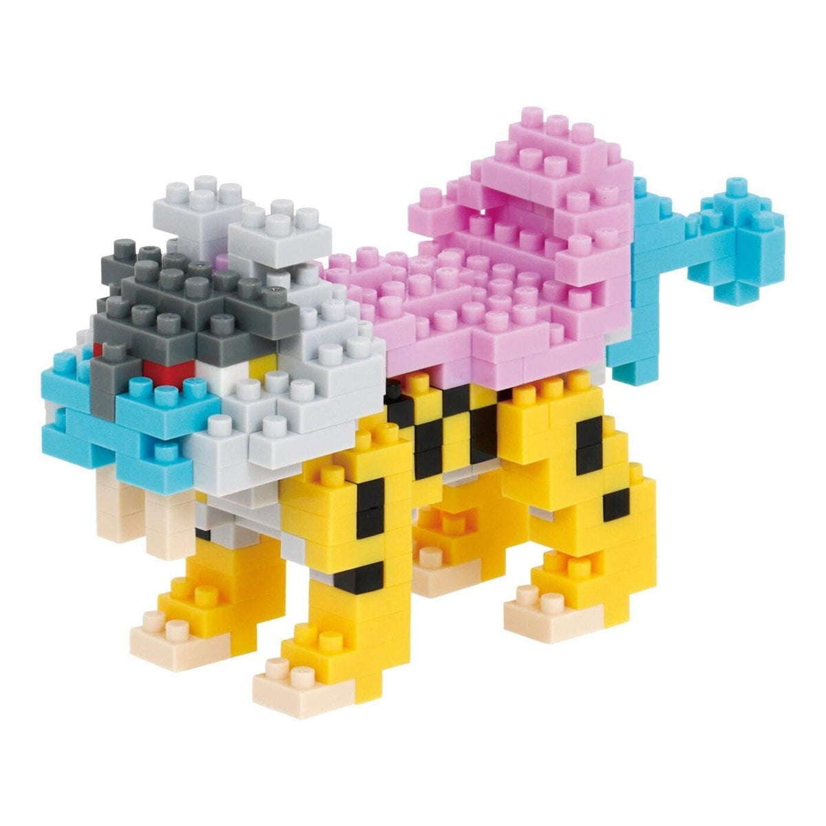 A colorful, pixelated toy resembling a Pokémon character, composed of various blocks in different colors.