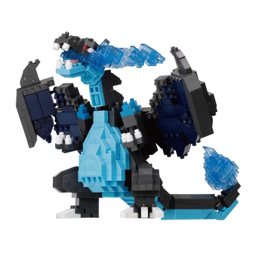 A blue and black LEGO dragon-like creature made up of various LEGO bricks.