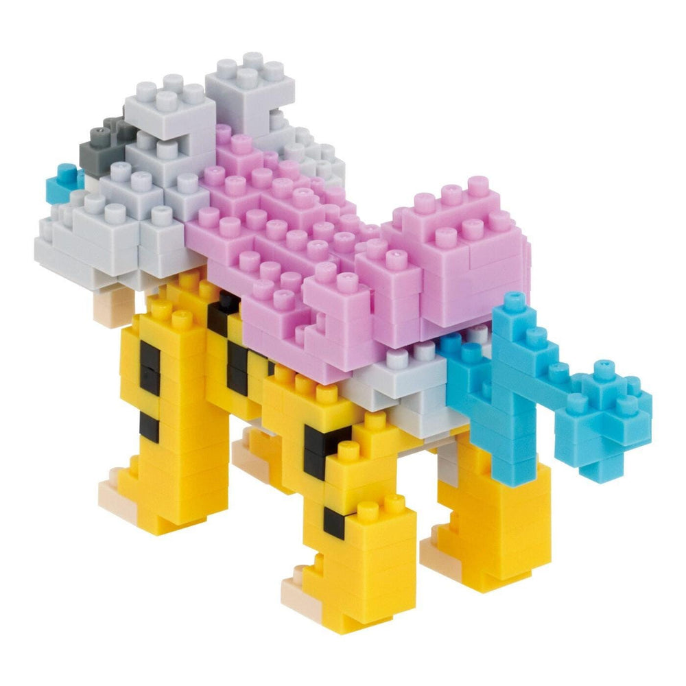 A colorful toy made of various building blocks in different colors, including pink, yellow, and blue.