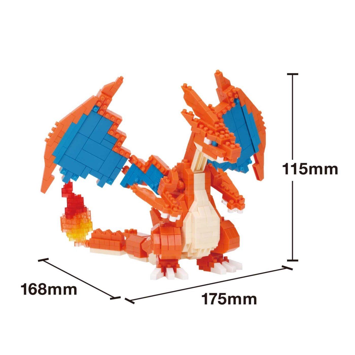 A detailed image of a Pokemon Charizard figure, which is a small, colorful, and detailed toy made of small plastic bricks. The Charizard is shown in a standing position, with its wings spread out. The image also includes measurements for the Charizard, indicating that it is 115mm tall and 175mm wide.