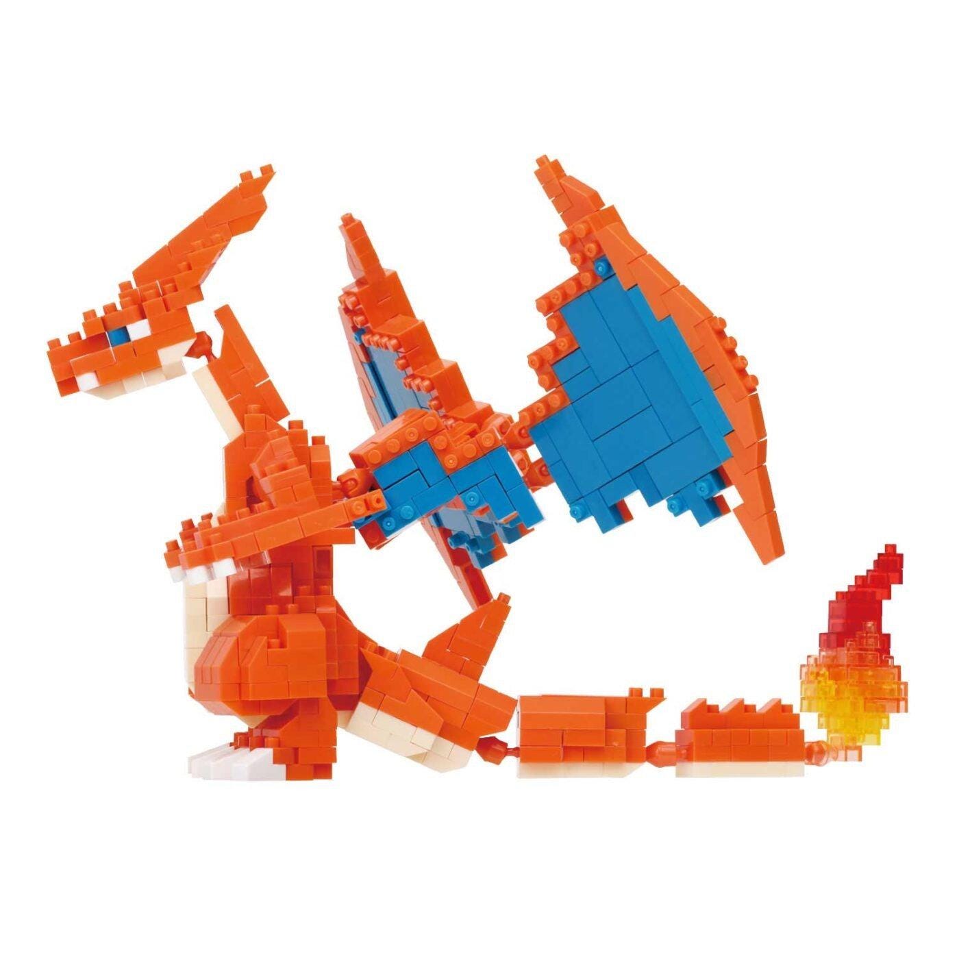 A colorful, pixelated dragon-like creature made of small, orange and blue building blocks.