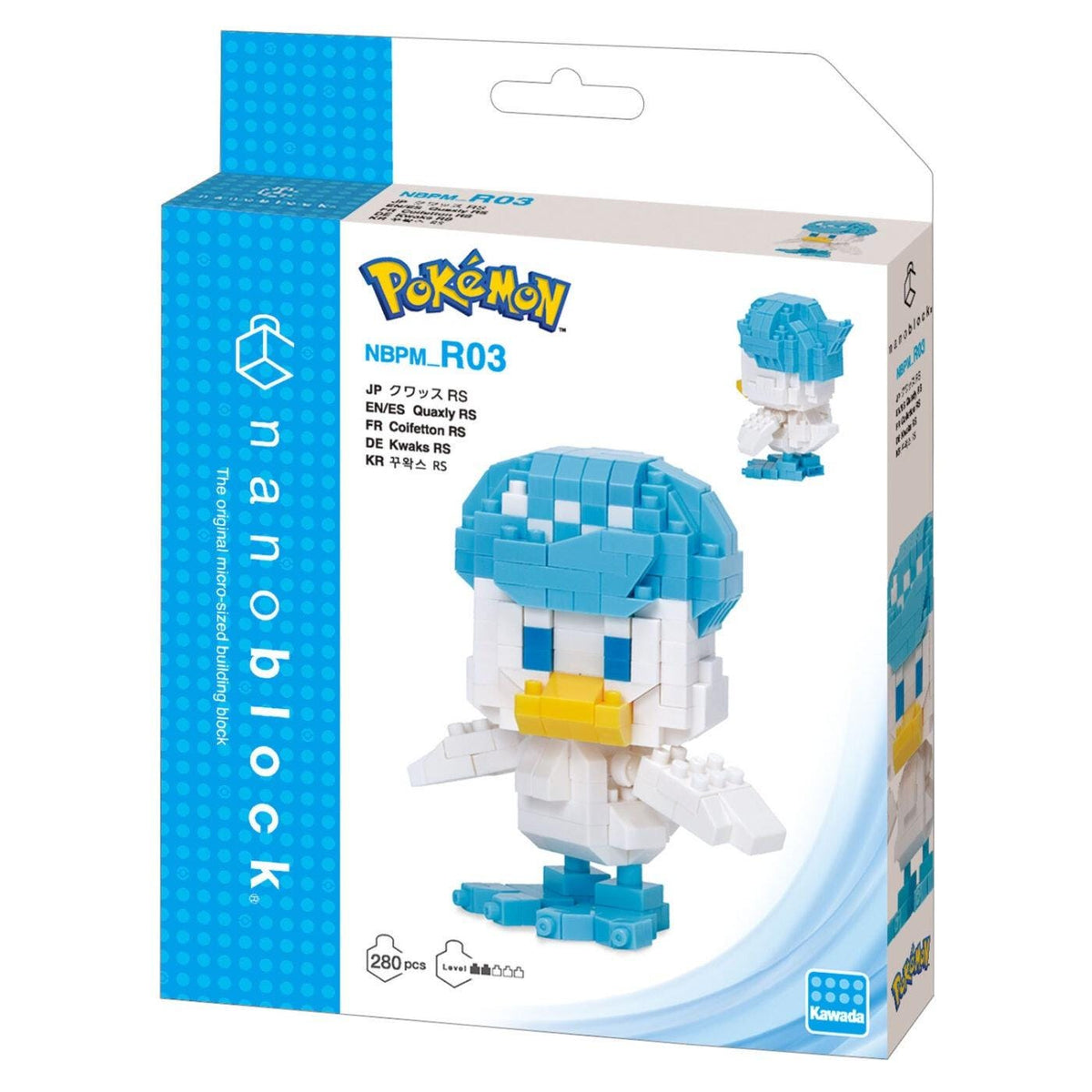 Pokémon nano building blocks kit box with blue-and-white Quaxly RS figure, 280 pieces