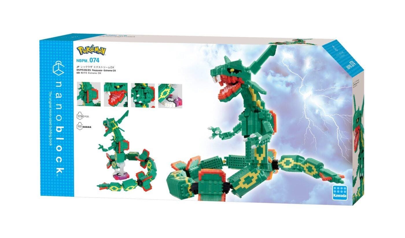 The image is a packaging box for a Pokémon-themed building block set called "Pokemon". The box features a large image of a green and yellow Pokémon-like creature, likely a dragon or serpent, along with smaller images of the same creature and its parts. The box also includes the Pokémon logo and the text "Pokemon" and "NanoBlock".