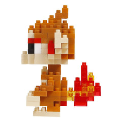 A pixelated toy figure composed of numerous small blocks in various colors, including orange, red, and yellow.