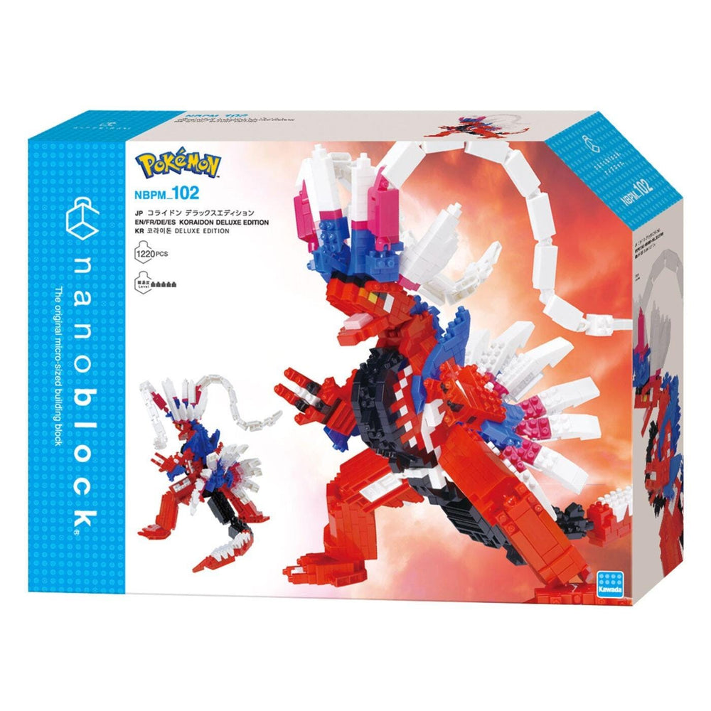 The image is a box for a Pokémon-themed building block set, featuring a large red and white Lego-like figure with a dragon-like appearance.