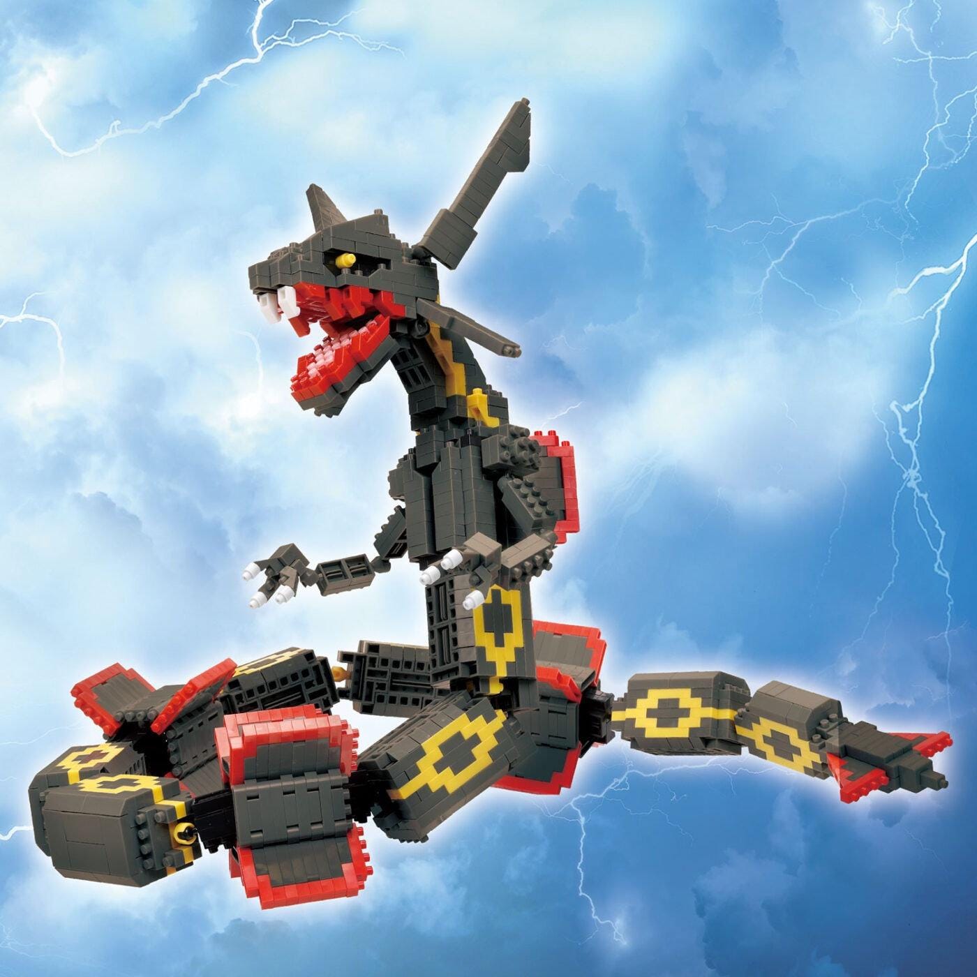 A LEGO snake toy with a red and black color scheme is shown against a backdrop of a stormy sky with lightning bolts.