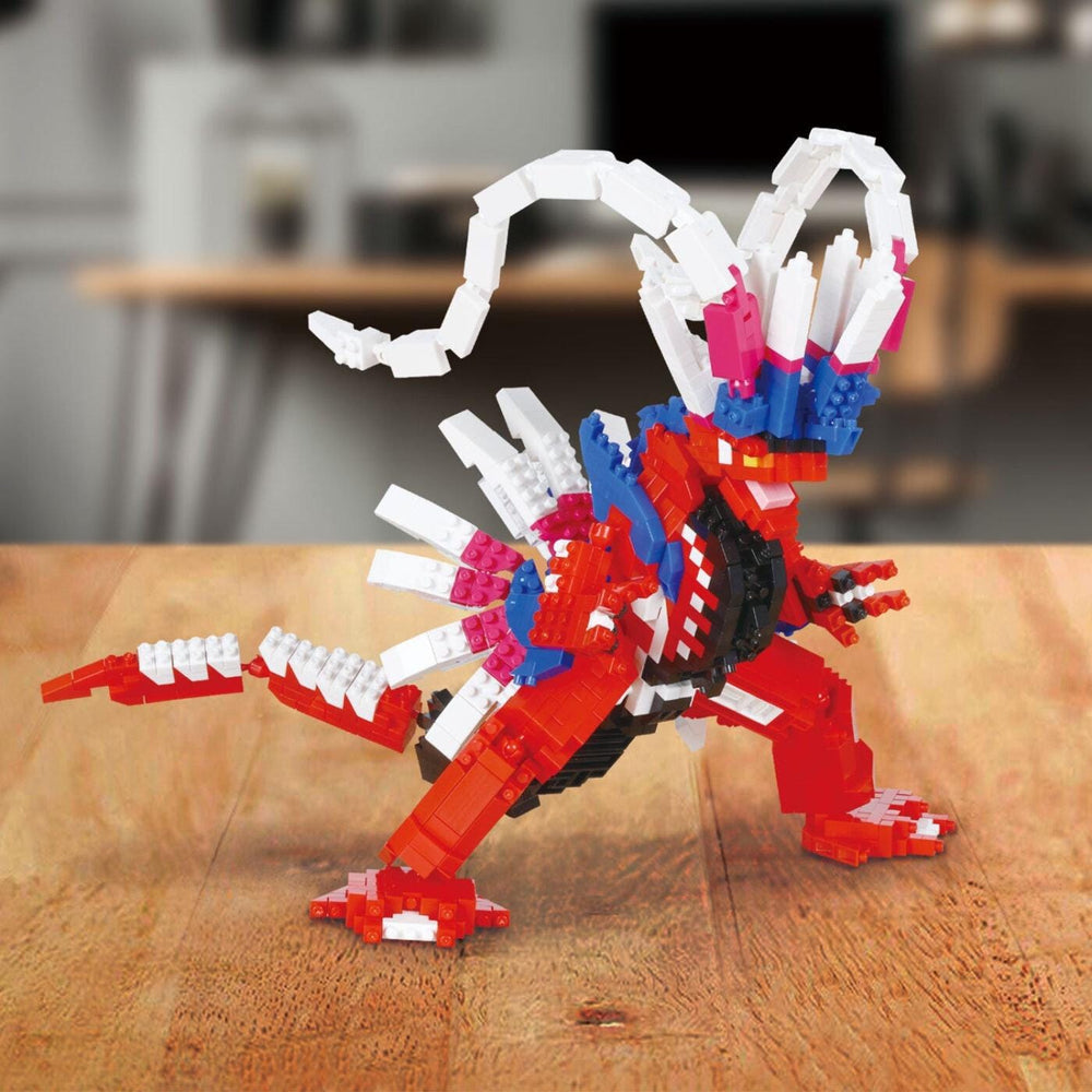 A colorful and intricate LEGO dinosaur figurine is displayed on a wooden surface, with a blurred background.