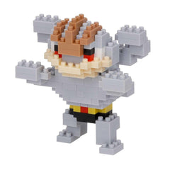 A pixelated toy figure resembling a character from a video game, made up of small gray and brown blocks.