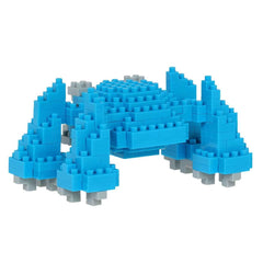 A blue and gray Lego structure made up of numerous small blocks.