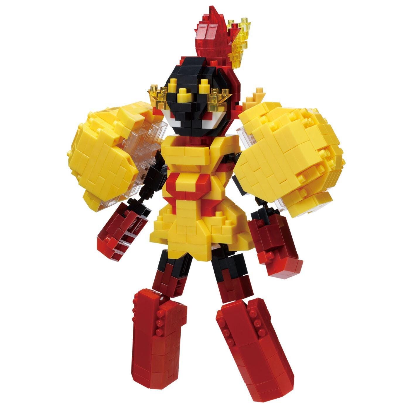 A colorful and detailed toy robot made of small building blocks in red, yellow, and black colors.