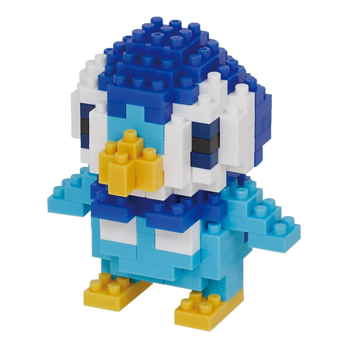 A colorful, pixelated penguin-shaped building block toy made of various blue, white, and yellow blocks.