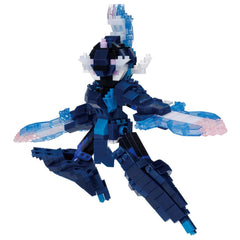 A blue and white robot-like figure with a pointed head and long arms, composed of numerous small blue and white blocks.