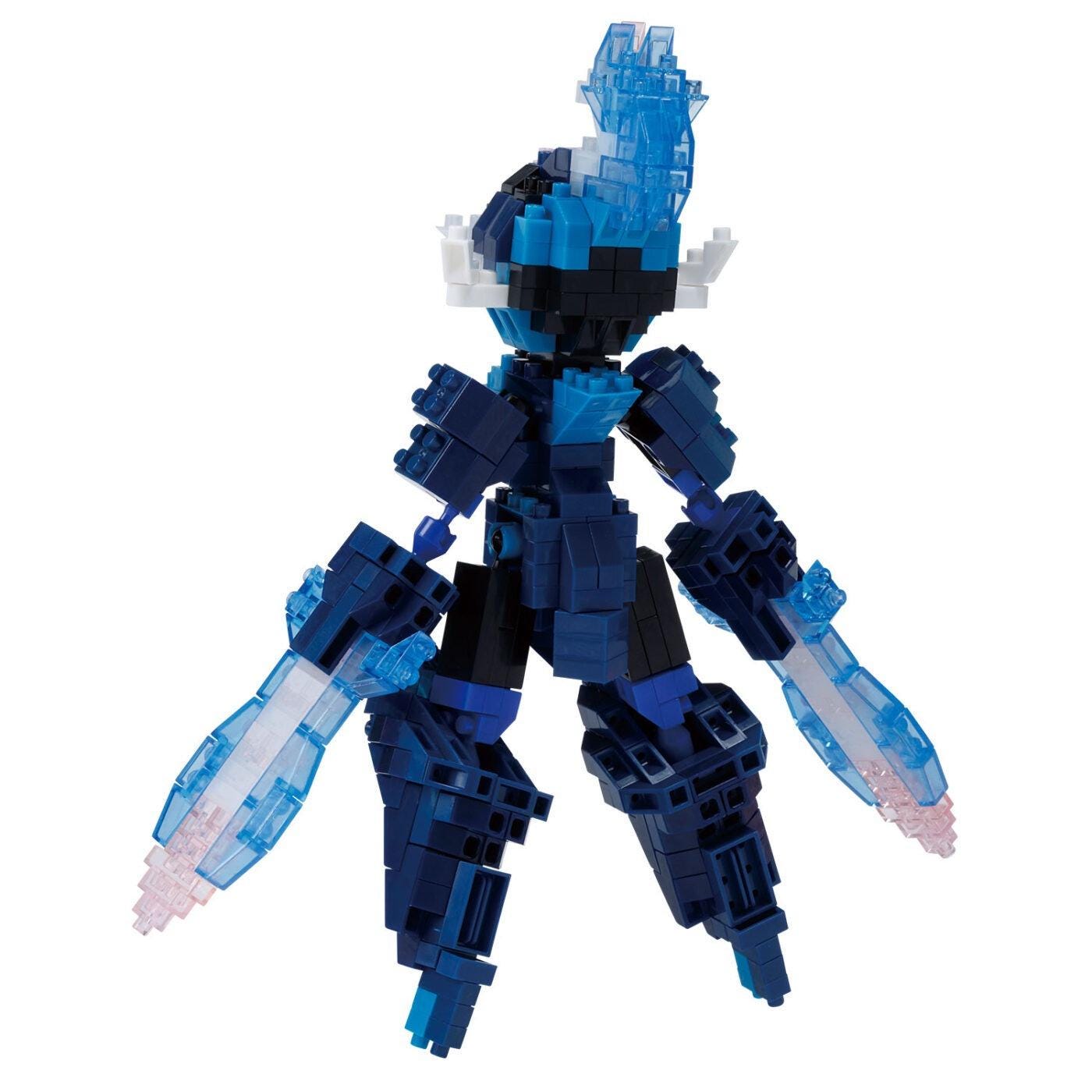 A blue and black robot-like figure with multiple arms and legs, holding two blue and pink objects in its hands.