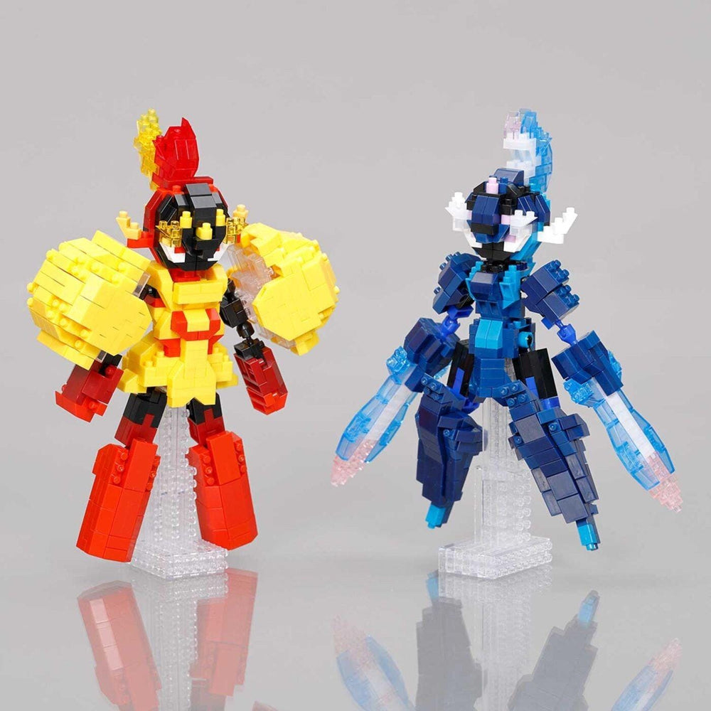 Two colorful, robotic figures made of small building blocks stand side by side against a gray background.