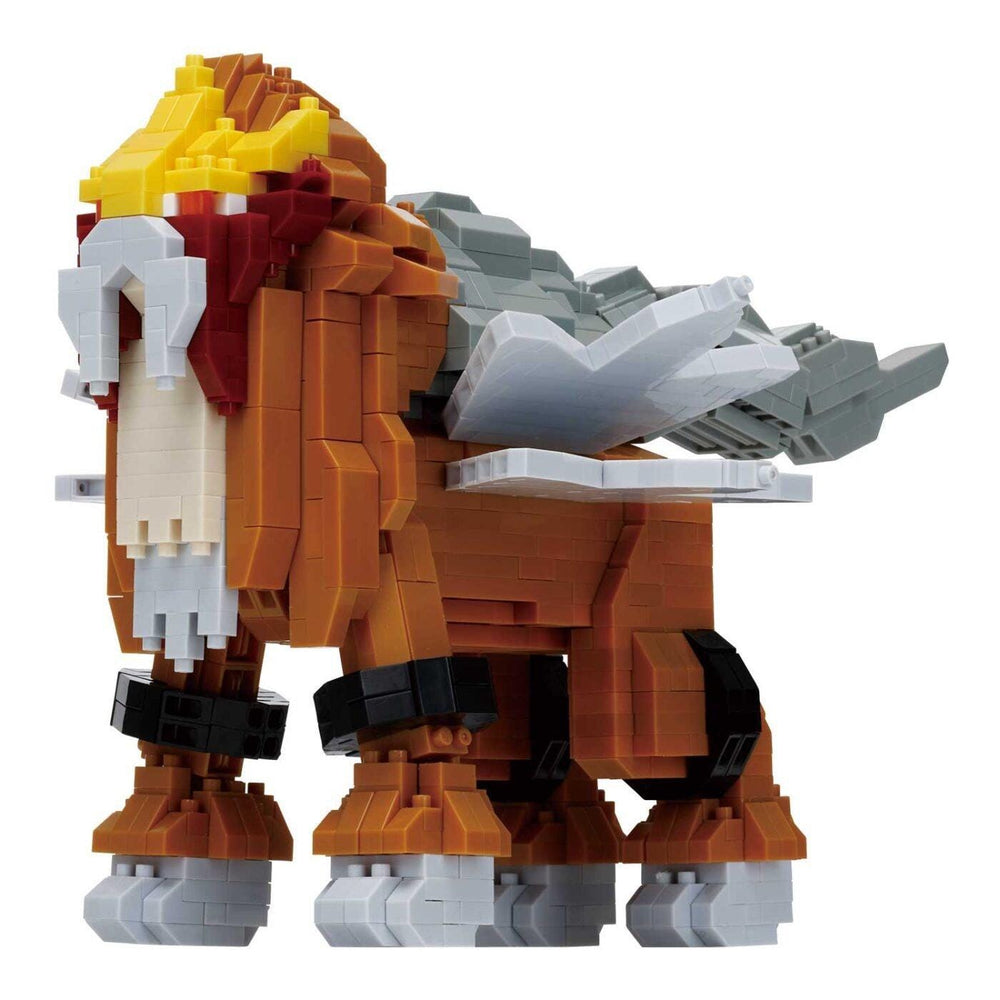 A toy resembling a dragon or mythical creature made of small, colorful building blocks.
