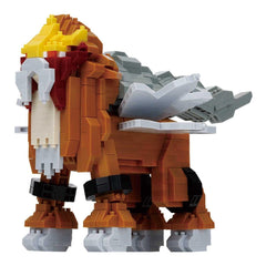 A toy resembling a dragon or mythical creature made of small, colorful building blocks.
