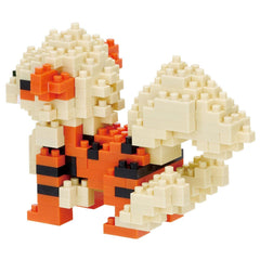A colorful, 3D-built toy resembling a small animal or creature, composed of numerous small, orange and white building blocks.