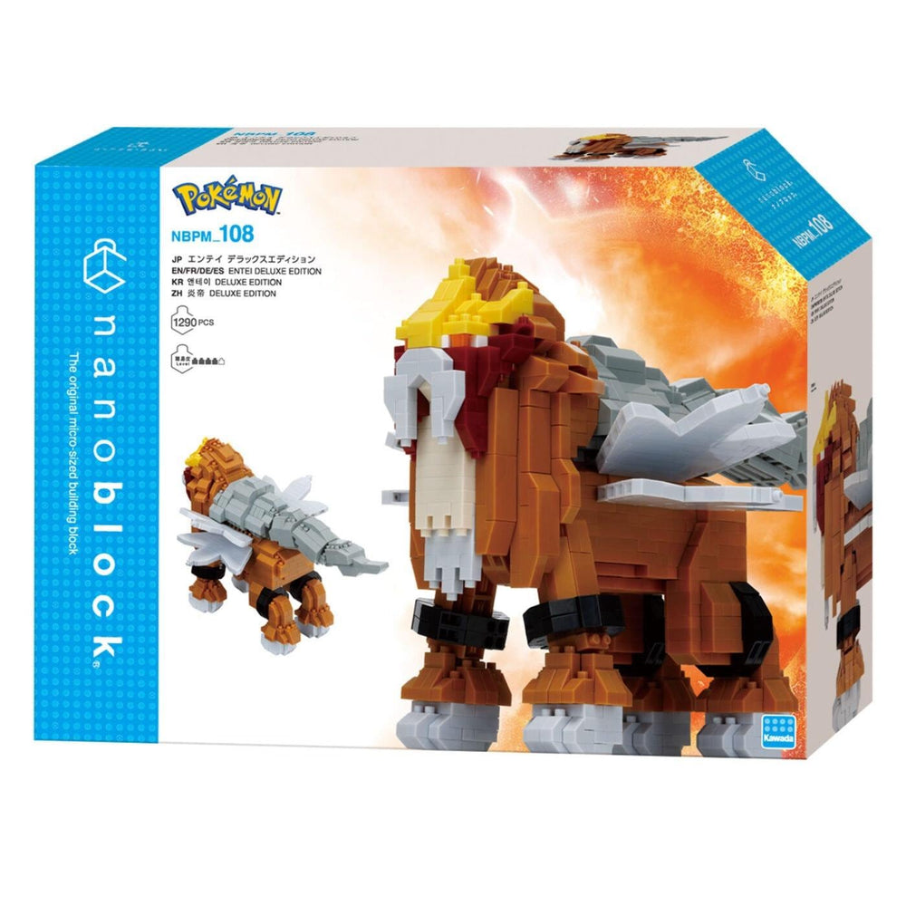 a Pokemon-themed packaging for a product called "Np-108". The packaging is designed to resemble a Lego-like structure, with various pieces in different colors and shapes. The packaging is predominantly blue and white, with the Pokemon logo prominently displayed.