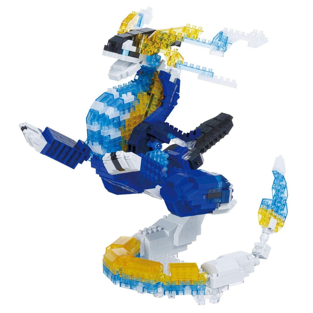 A colorful and intricate LEGO dinosaur-like figure composed of various blocks in blue, yellow, and white colors.