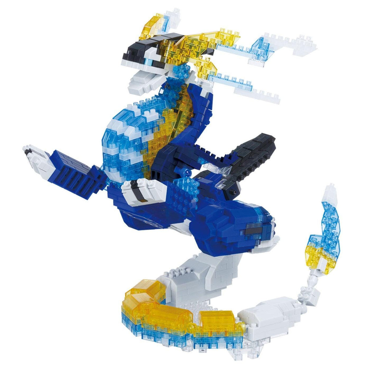 A colorful and intricate LEGO dinosaur-like figure composed of various blocks in blue, yellow, and white colors.